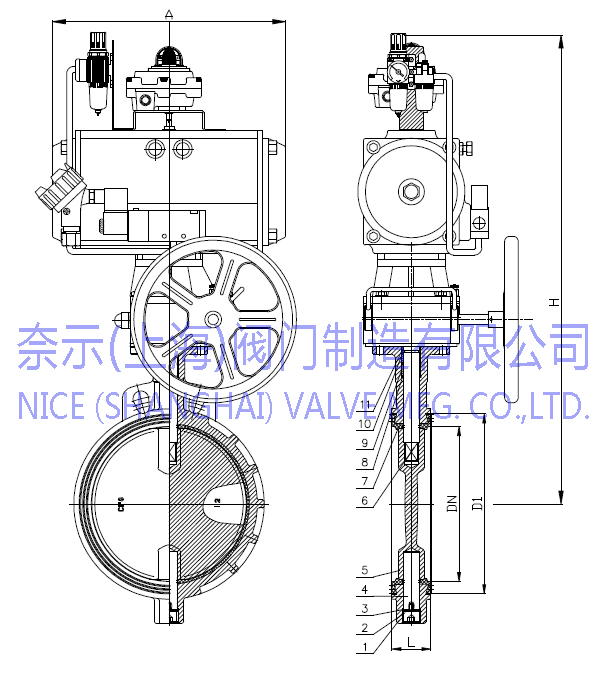 D671X-16Q軟密封氣動對夾蝶閥示意圖